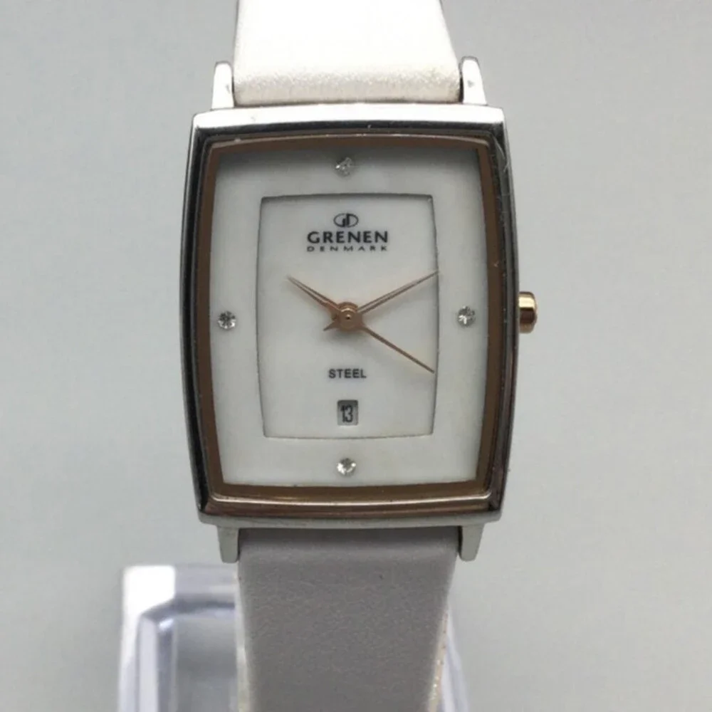 Grenen Denmark Watch Women 23mm Steel Case White Leather Strap Date New Battery